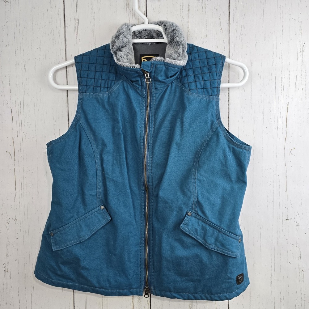 Noble Outfitters Ladies Faux Fur Neck Lined Canvas Vest Size Largeβ Teal Blue